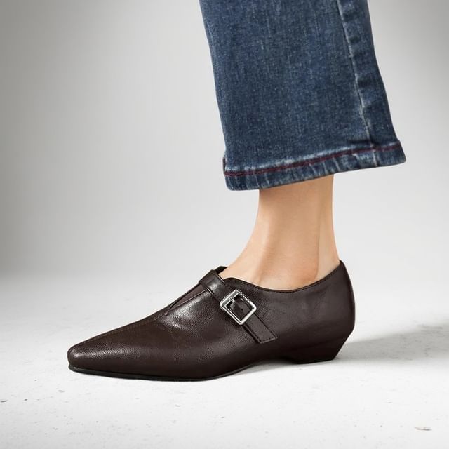 Low Heel Plain Buckled Faux Leather Shoes