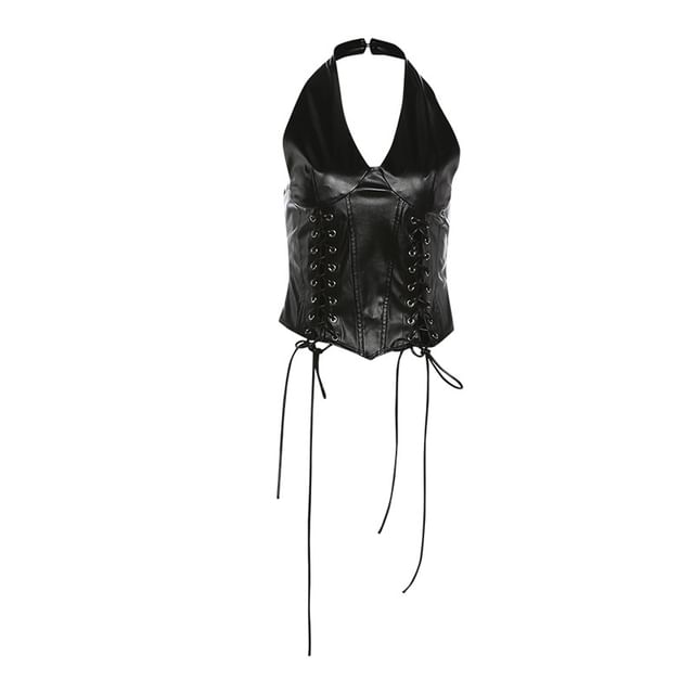 Halter-Neck Faux Leather Lace-Up Crop Top / Low Rise Shorts