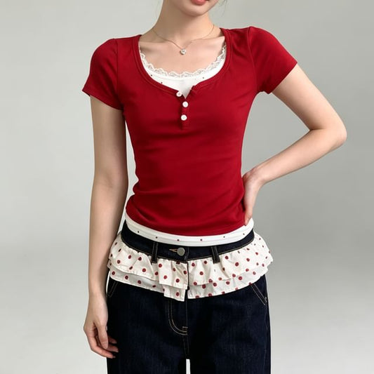 Mock Two-Piece Short-Sleeve Two-Tone Lace Trim Henley T-Shirt