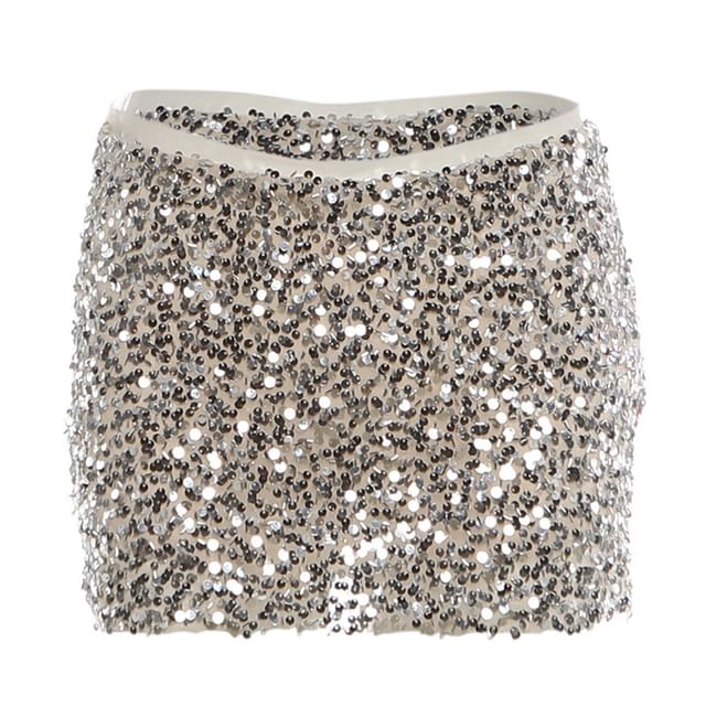 Halter-Neck Plain Tasseled Crop Top / Low Rise Sequined Mini Pencil Skirt
