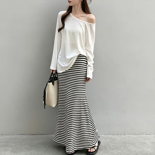 Long-Sleeve Off-Shoulder Plain Sheer T-Shirt / High Waist Striped Maxi Mermaid Skirt