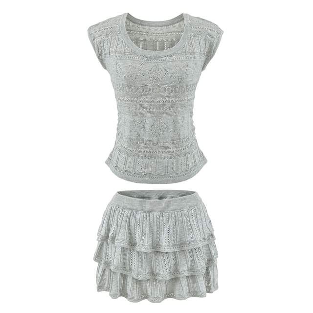 Set: Short Sleeve Plain Pointelle Slim-Fit Knit Top + High Waist Mini Tiered Skirt