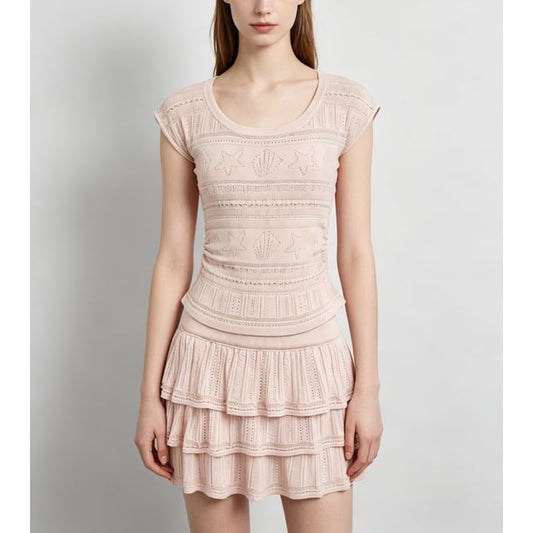 Set: Short Sleeve Plain Pointelle Slim-Fit Knit Top + High Waist Mini Tiered Skirt