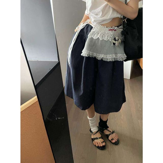 High Waist Plain Capri Wide Leg Pants / Lace Trim Mini Overlay Skirt