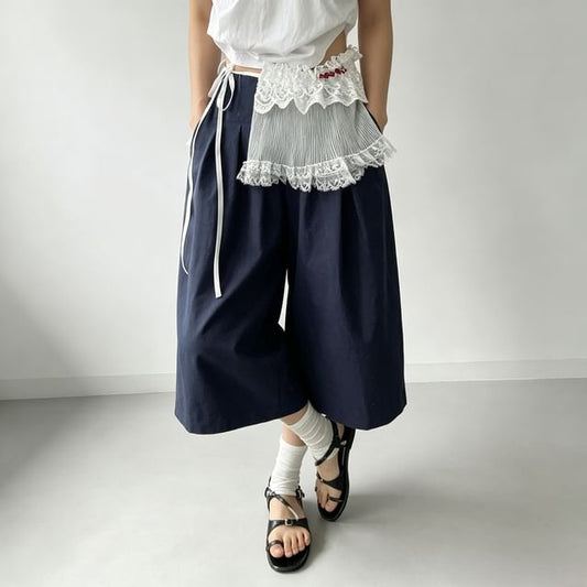 High Waist Plain Capri Wide Leg Pants / Lace Trim Mini Overlay Skirt