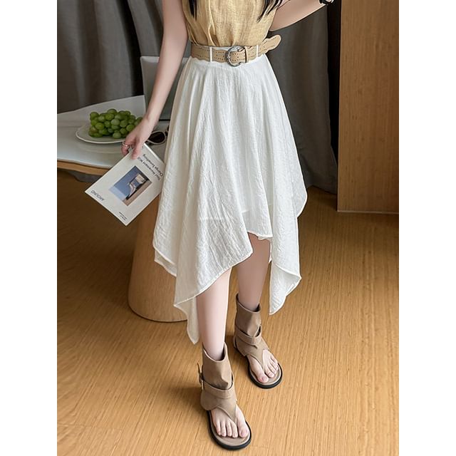 High Waist Plain Asymmetrical Midi A-Line Skirt