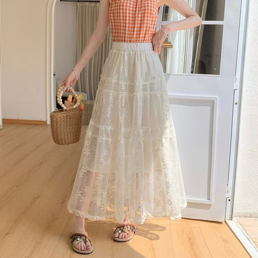 High Waist Plain Tiered Lace Maxi A-Line Skirt