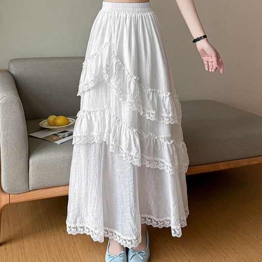 Elastic Waist Plain Ruffle Tiered Slit Panel Lace Maxi A-Line Skirt