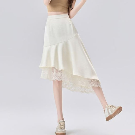 High Waist Plain Asymmetrical Lace Panel Satin Midi A-Line Skirt