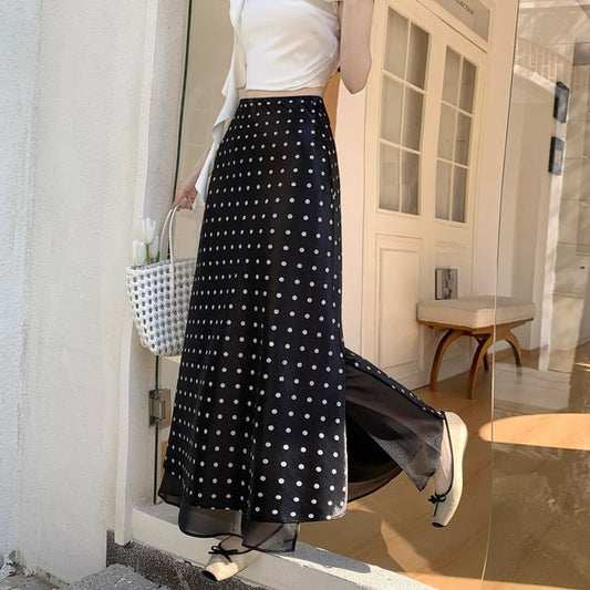 High Waist Polka Dot Slit Satin Panel Mesh Maxi A-Line Skirt