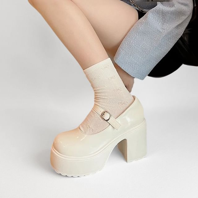 Block Heel Platform Plain Mary Jane Pumps