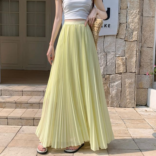High Waist Plain Accordion Pleated Maxi A-Line Skirt