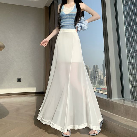 High Waist Plain Frill Trim Sheer Maxi Mermaid Skirt
