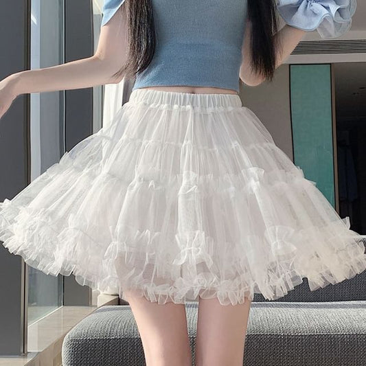 High Waist Plain Frill Trim Mesh Mini A-Line Skirt