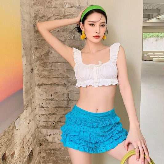 Sleeveless Square Neck Plain Ruffle Trim Crop Top / Mid Rise Ruffle Trim Mini A-Line Skirt