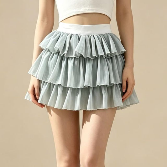 High Waist Plain Tiered Ruffle Mini A-Line Skirt
