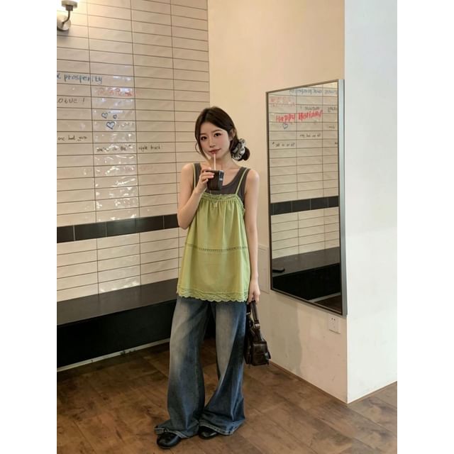 Lace-Trim A-Line Camisole & Plain Tank Top Set