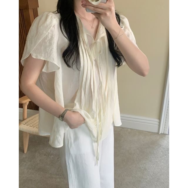 Tie-Neck Pleated Loose-Fit Short Sleeve Blouse
