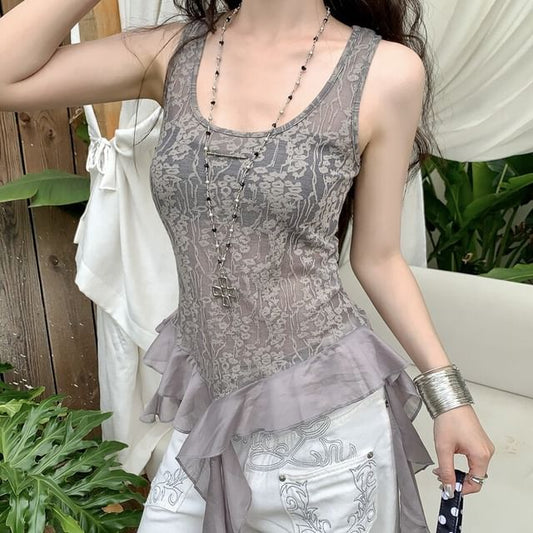 Scoop Neck Floral Ruffle Asymmetrical Lace Tank Top