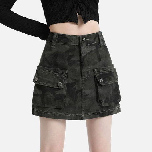 High Waist Camo Print Denim Mini A-Line Cargo Skirt