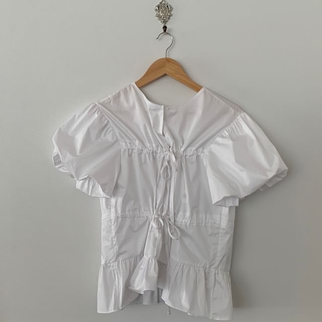 Short-Sleeve Crewneck Button-Up Plain Flowy Blouse