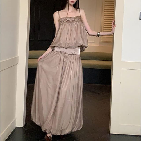 Mesh Panel Crop Camisole Top / High Waist Maxi A-Line Skirt
