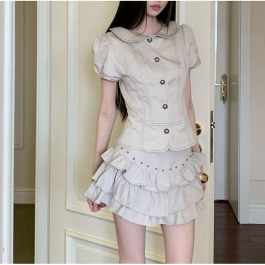 Short-Sleeve Peter Pan Collar Crop Shirt / Mini Tiered Skirt