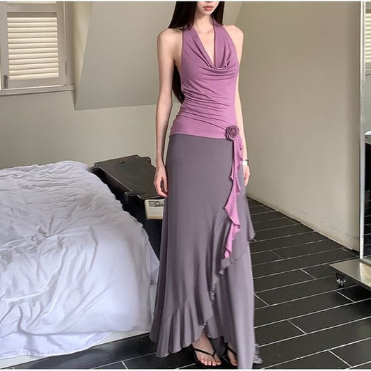 Sleeveless Draped Plain Top / Mid Waist Asymmetrical Maxi A-Line Skirt