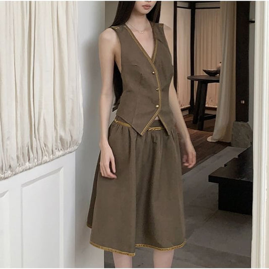 V-Neck Button-Up Vest / Mid Waist Midi A-Line Skirt