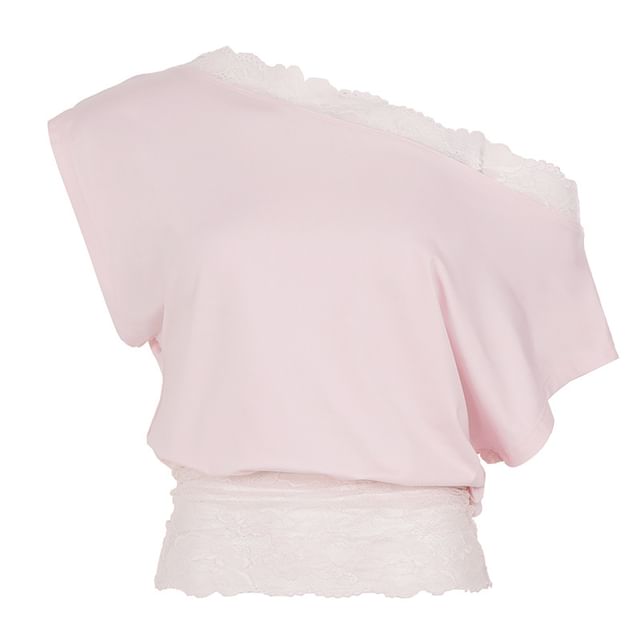 Cold Shoulder Lace-Trim Slim Crop Short Sleeve Top