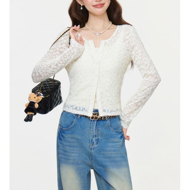 Sheer Lace Button-Front Cardigan with Cami