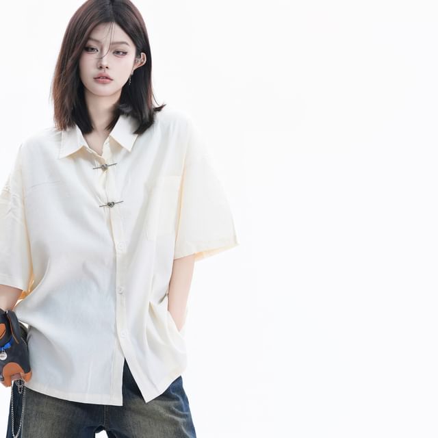 Elbow-Sleeve Collared Button-Up Shirt
