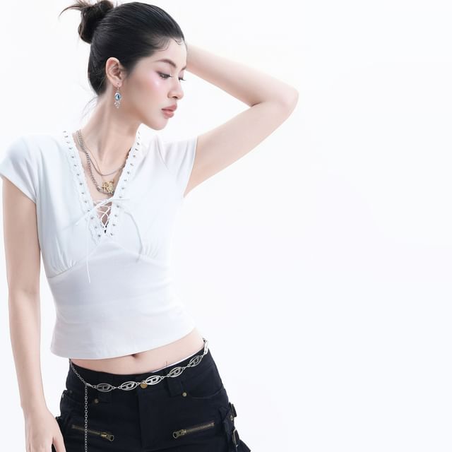 Cap-Sleeve V-Neck Lace Up Crop T-Shirt