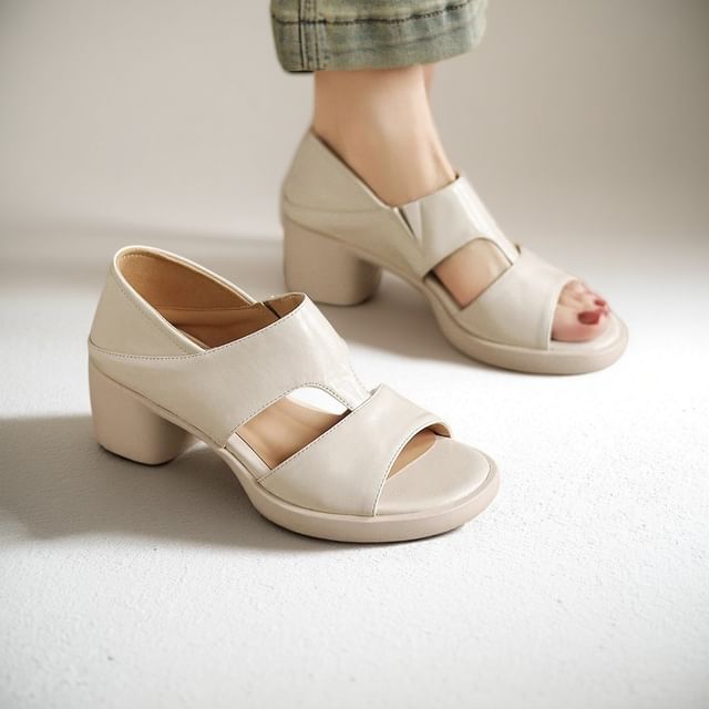 Chunky Heel Plain Faux Leather Sandals