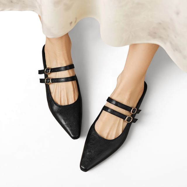 High Heel Pointed Toe Double Strap Plain Faux Leather Mary Jane Mules