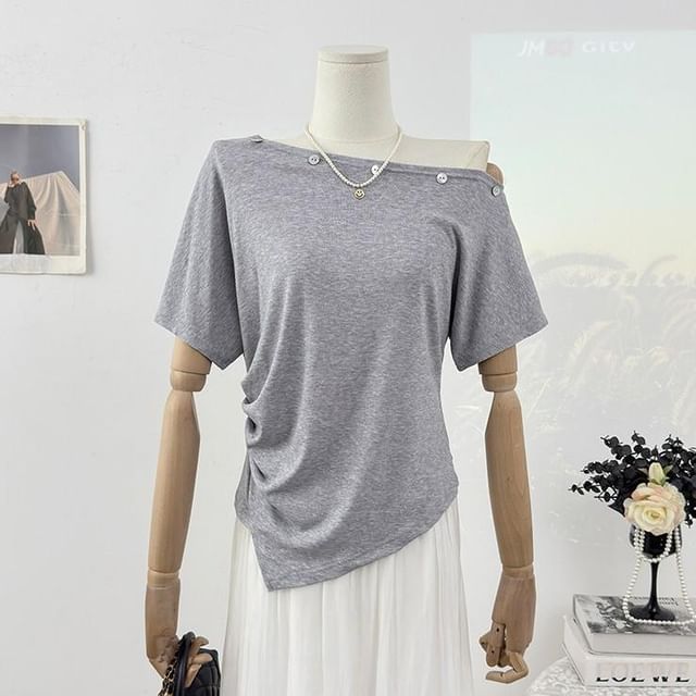 Off-Shoulder Embellished Asymmetrical Short-Sleeve T-Shirt