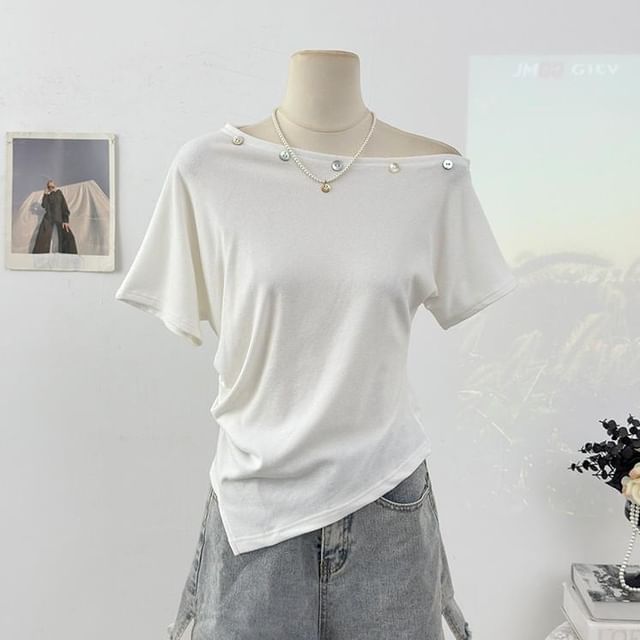 Off-Shoulder Embellished Asymmetrical Short-Sleeve T-Shirt