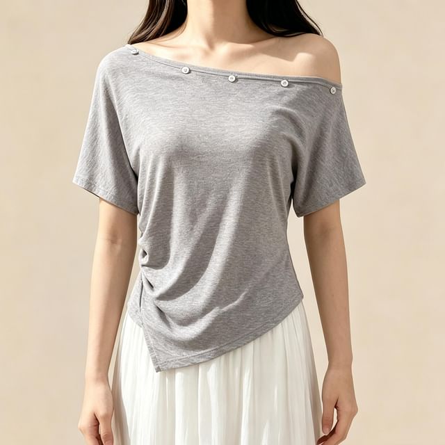 Off-Shoulder Embellished Asymmetrical Short-Sleeve T-Shirt