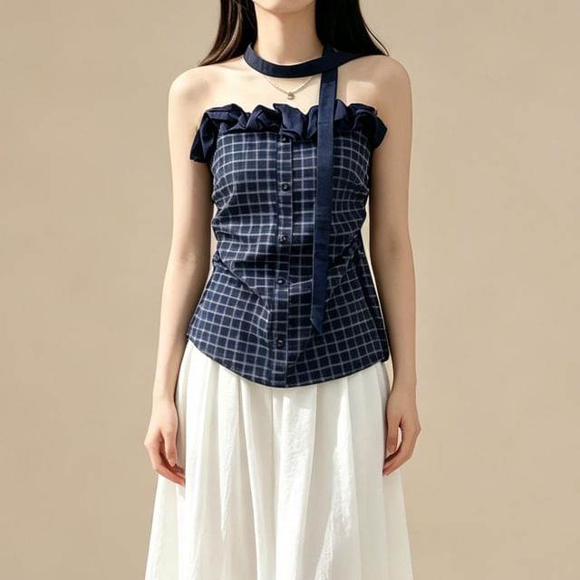 Strapless Ruffled Plaid Top & Twilly Set