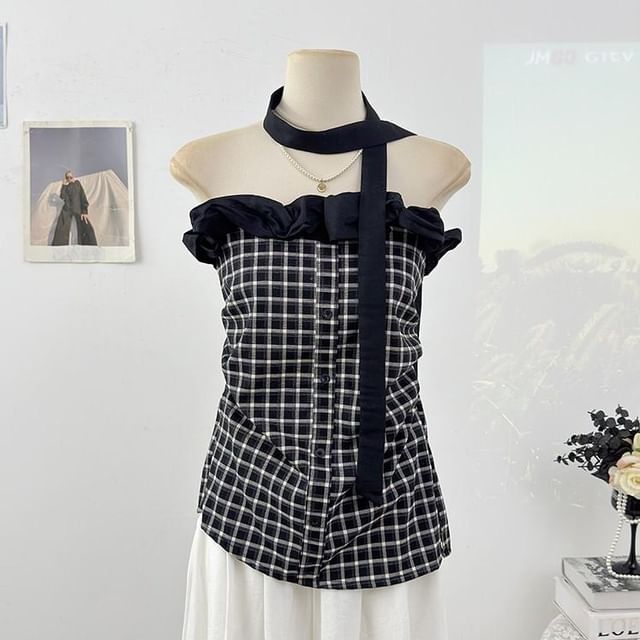 Strapless Ruffled Plaid Top & Twilly Set