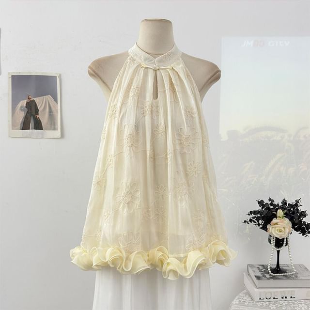 Sleeveless Floral Jacquard Ruffled Top