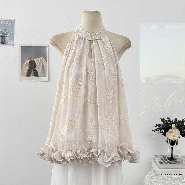 Sleeveless Floral Jacquard Ruffled Top