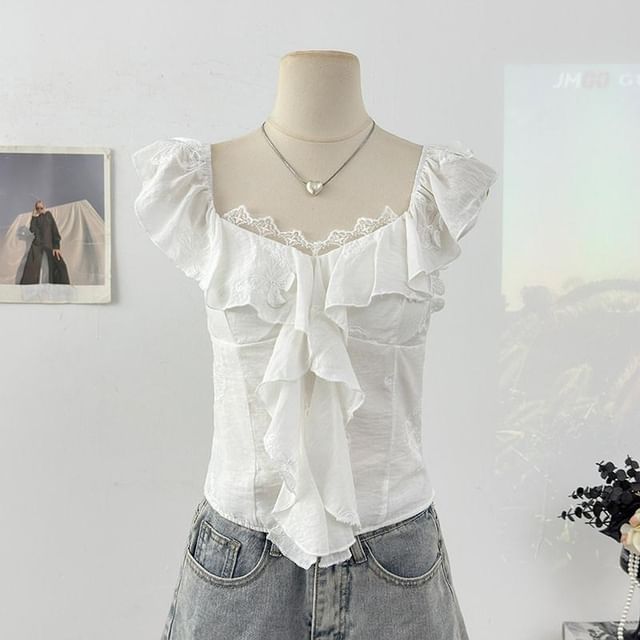 Cap-Sleeve V-Neck Ruffled Top