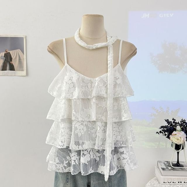 V-Neck Lace Camisole Top & Twilly Set