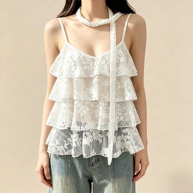 V-Neck Lace Camisole Top & Twilly Set