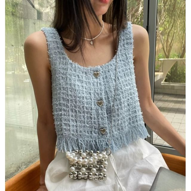 Tweed Tassel Round Neck Tank Top
