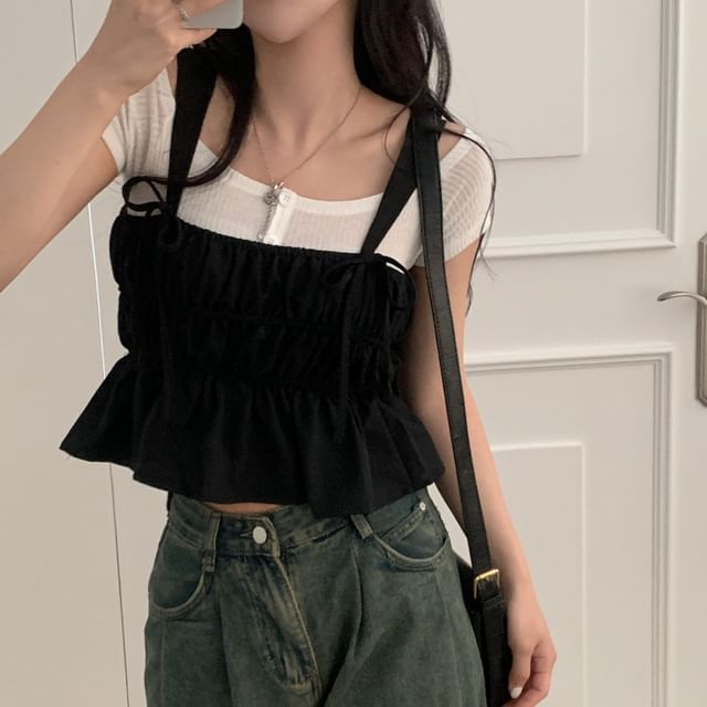 Ruched Peplum Square Neck Tie Strap Tank Top