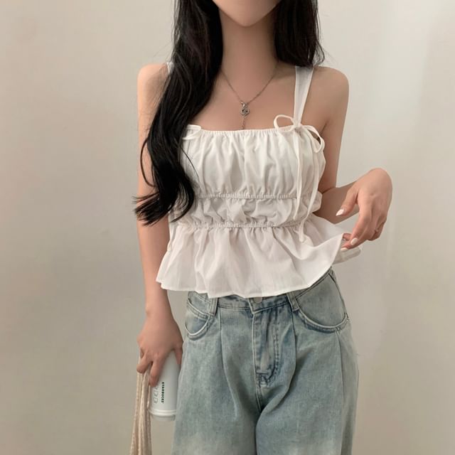 Ruched Peplum Square Neck Tie Strap Tank Top