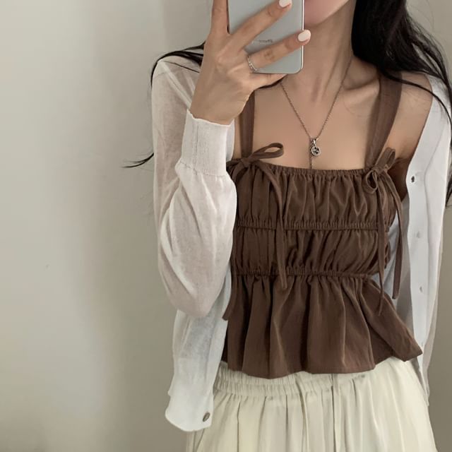Ruched Peplum Square Neck Tie Strap Tank Top
