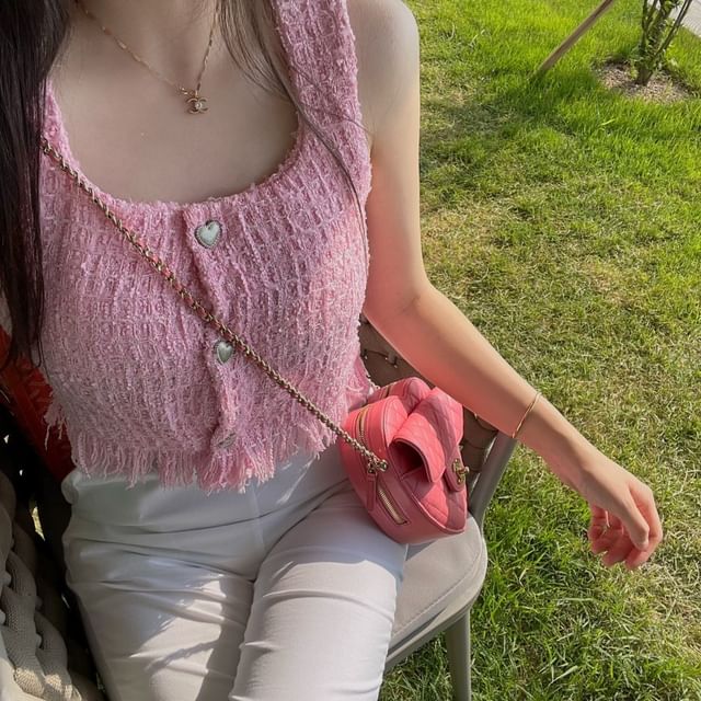 Tweed Tassel Round Neck Tank Top